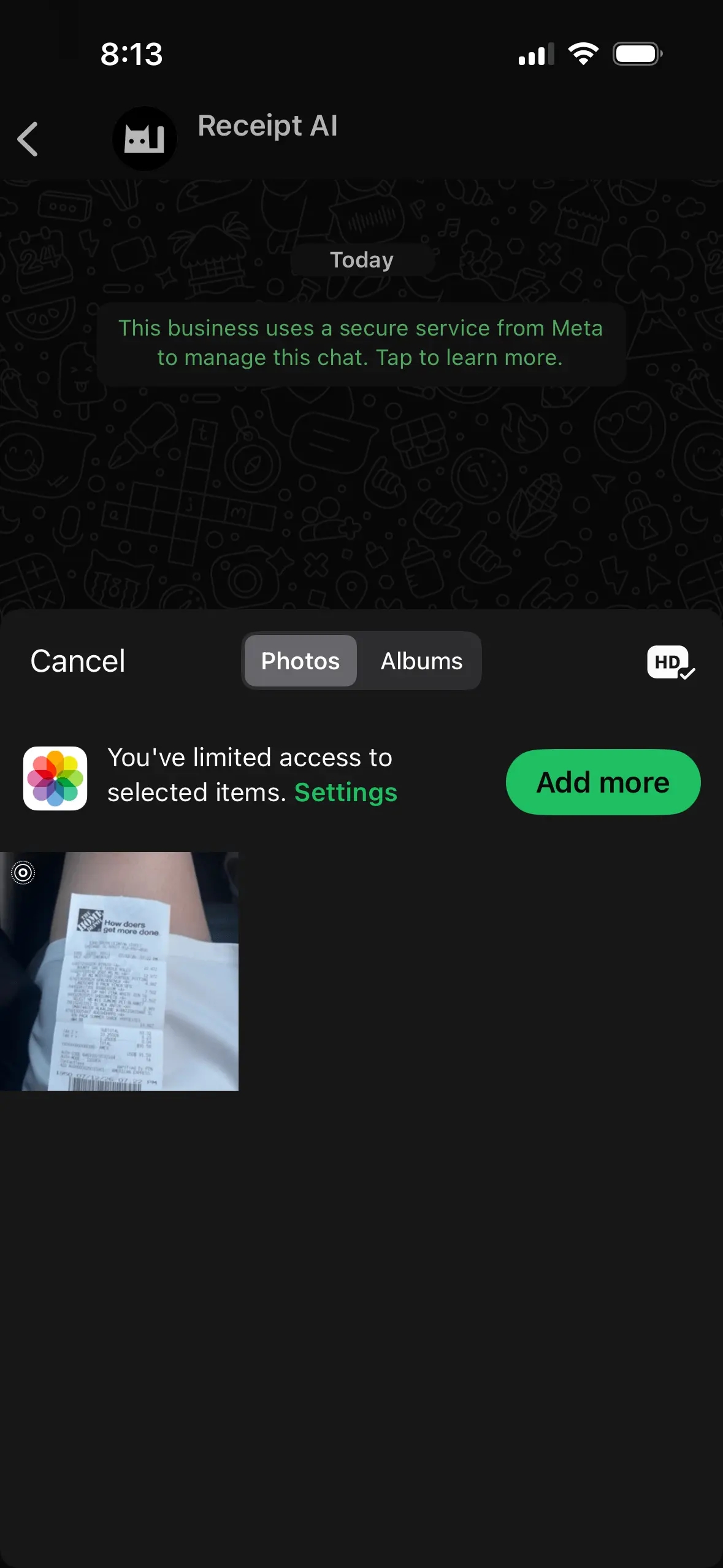 Receipt AI WhatsApp upload screenshot showing a receipt photo selected before sending.