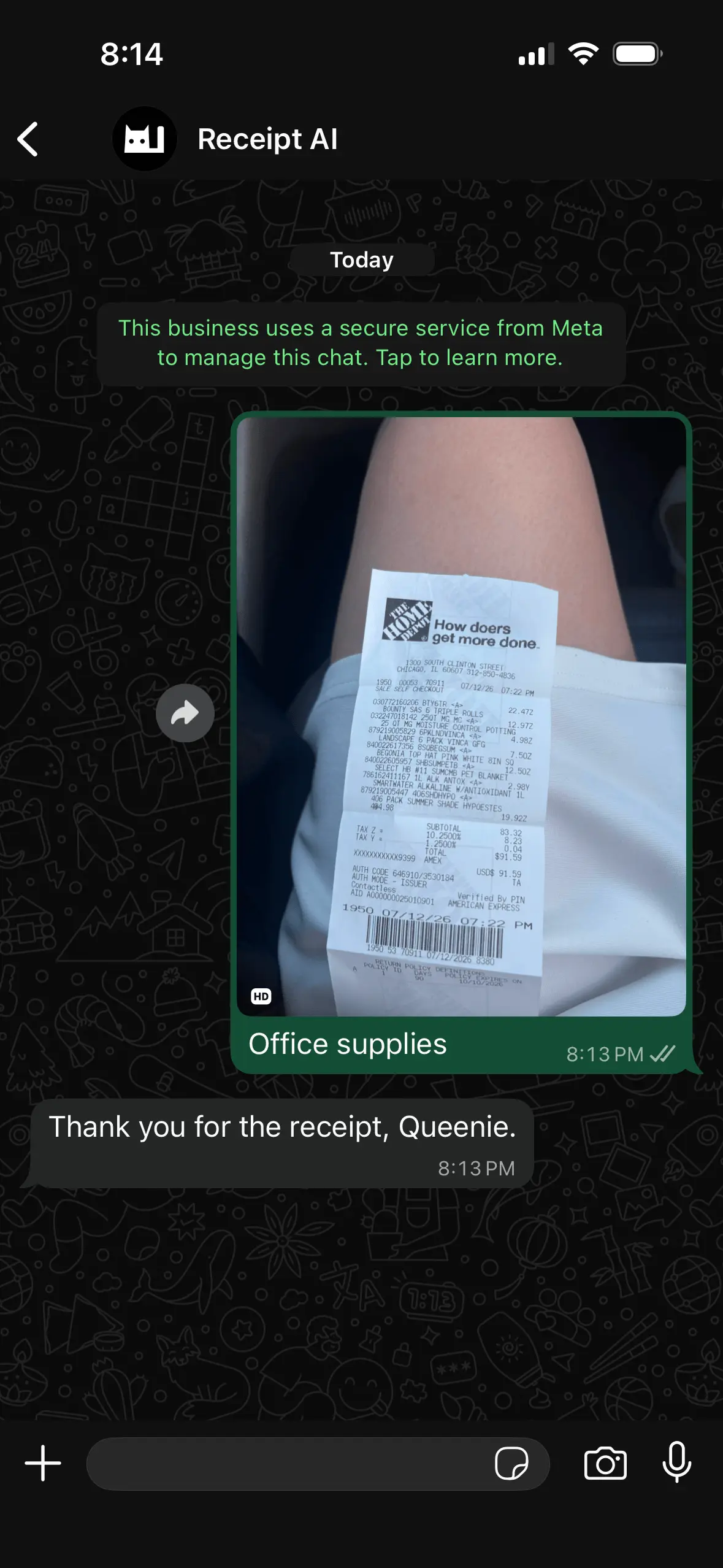 Receipt AI WhatsApp upload screenshot showing a receipt photo and memo sent to Receipt AI.