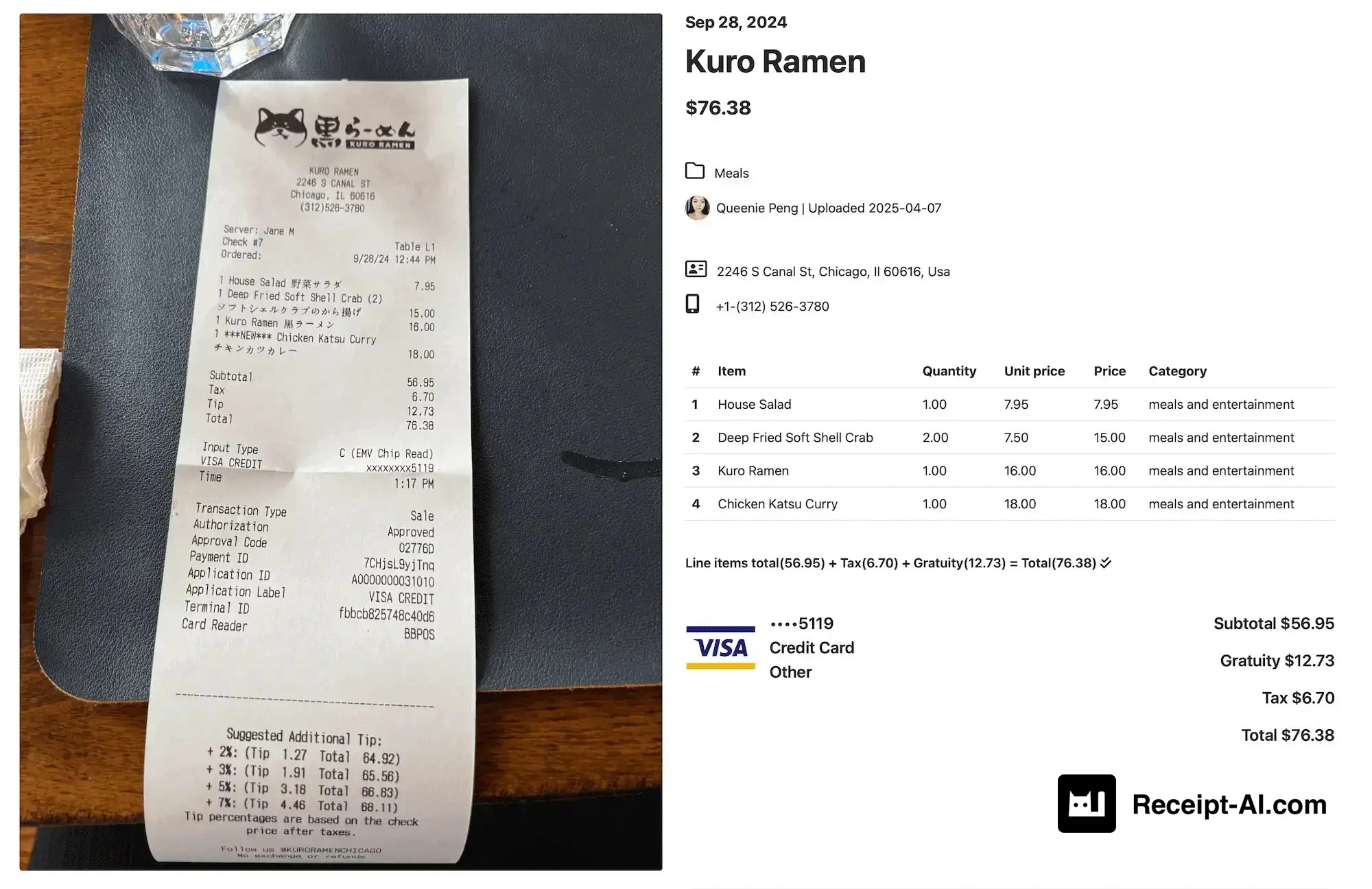 What is Receipt Line Item? A photo of a restaurant receipt from Kuro Ramen in Chicago, dated September 28, 2024, along with a digital expense report summary. The receipt includes four food items: House Salad ($7.95), Deep Fried Soft Shell Crab (2 x $7.50 = $15.00), Kuro Ramen ($16.00), and Chicken Katsu Curry ($18.00), with a subtotal of $56.95. Tax is $6.70, and the tip is $12.73, bringing the total to $76.38. The payment was made via VISA credit card ending in 5119. The digital report on the right side includes itemized details, categories each item as “meals and entertainment,” and shows the restaurant’s contact info, address, and upload date by Queenie Peng on April 7, 2025. The Intuit QuickBooks logo is shown at the bottom right, indicating syncing with accounting software.