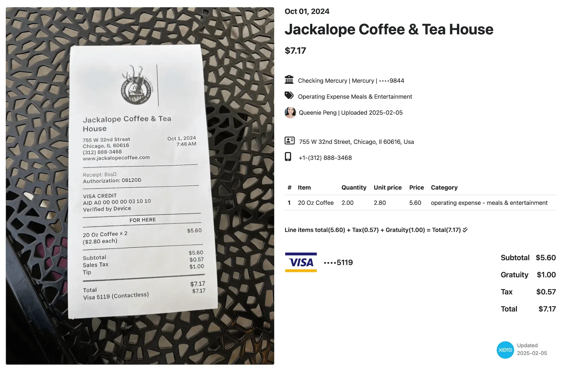 What is Receipt Line Item? Side-by-side image of a physical receipt and its digital version in Receipt-AI. The receipt is from Jackalope Coffee & Tea House, 755 W 32nd Street, Chicago, IL 60616, dated October 1, 2024, at 7:46 AM. Items purchased: two 20 oz coffees at $2.80 each. Subtotal: $5.60. Sales tax: $0.57. Tip: $1.00. Total: $7.17. The Receipt-AI interface shows the same transaction categorized as “Operating Expense – Meals & Entertainment,” linked to a Mercury business account and uploaded by Queenie Peng on February 5, 2025.